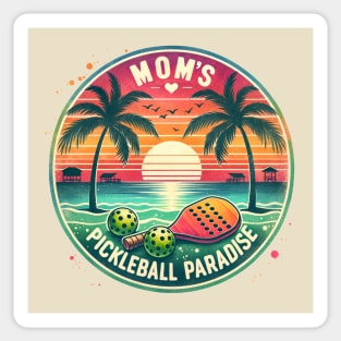 Mom's Pickleball Paradise, vintage retro design, paddles and pickleball ball on the beach,vintage pickleball Sticker